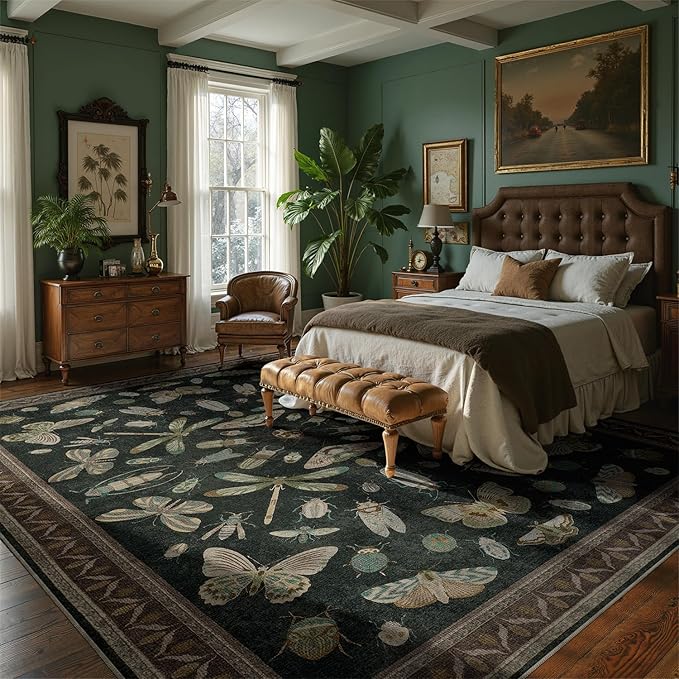 DCX 6x9 Washable Insect Rug, Vintage Gothic Black Rug with Non-Slip Rubber Backing, Soft Low-Pile, Stain-Resistant, Kid & Pet Friendly, for Living Room, Bedroom, Office, and Nature-Themed Decor
