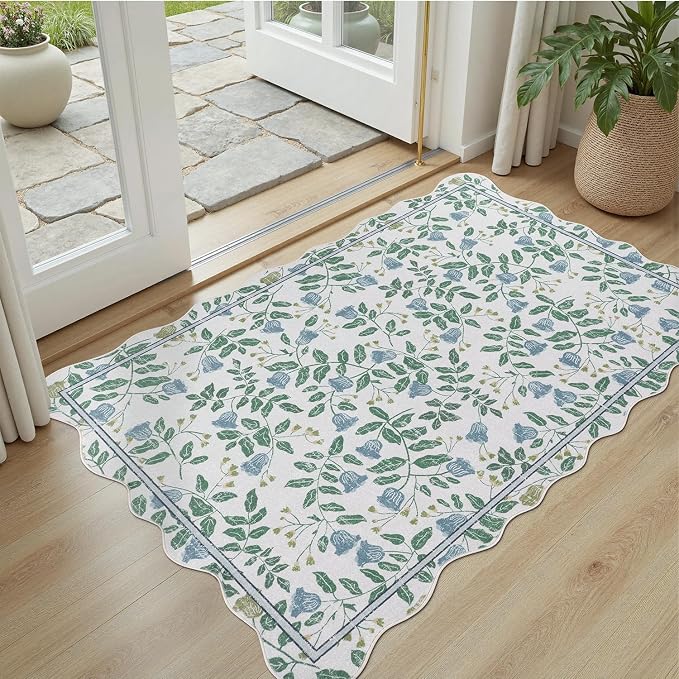 DCX Washable Botanical Floral Rug 3x5, Blue and Green Scalloped Rug, Non Slip Low Pile Carpet for Bedroom, Living Room, Kid & Pet Friendly