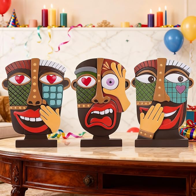 Colorful Abstract Face Sculpture Set of 3 - Modern Cubist Resin Statues for Home Decor, Picasso-Style Artistic Figurines for Shelf, Desk, Bookshelf, Living Room Accents - Unique Gift for Art Lovers