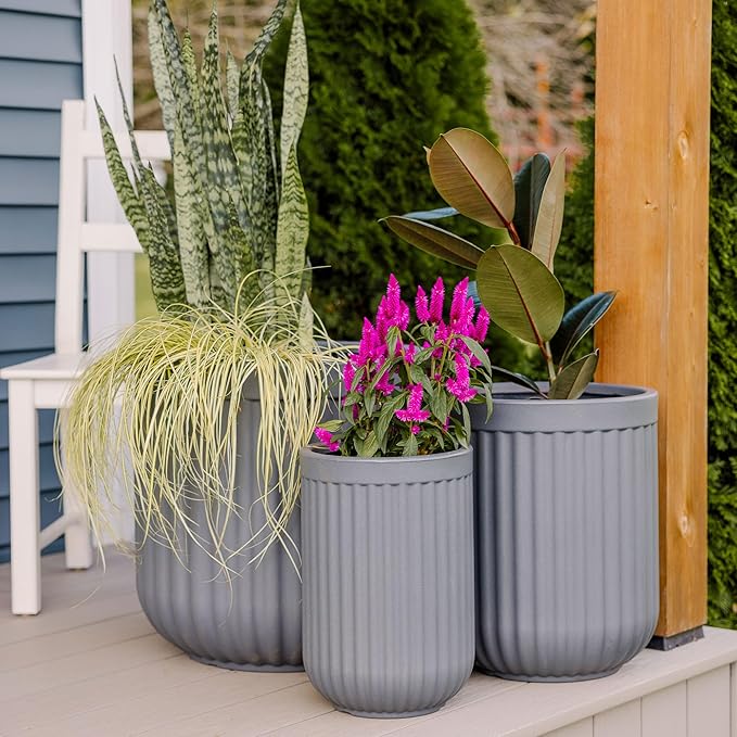 Beuta Large Planters for Outdoor Plants - Set of 3, 15/18/20 Inches - USA Made - Outdoor Planters for Porch - Tall Planter for Outdoor & Indoor Plants | Large Indoor Plant Pot - Grey