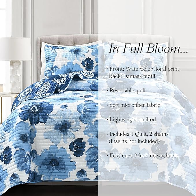 Lush Decor Leah Reversible Floral Quilt Set, 3 Piece Set, Full/ Queen, Navy & White - Watercolor Botanical - Cottage Core - French Country Decor- Bedding Queen Size