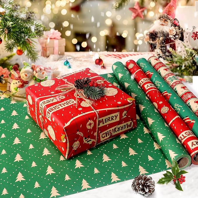 Panigkids Wrapping Paper Jumbo Rolls, Holiday Gift Kraft Wrap Paper for Kids Adults, 4 Rolls - 17 in. x 16 ft. Per Roll, Green Christmas Tree, Snowflakes, Santa, Merry Christmas.（With Jute Twine）