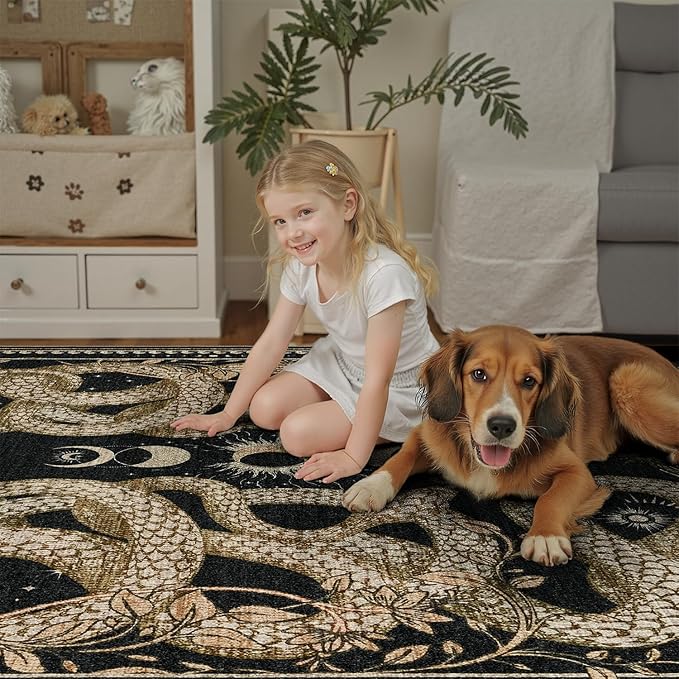 DCX Washable 6x9 Snake Rug, Black Gothic Rug for Living Room, Soft Low Pile Carpet, Kid & Pet Friendly with Rubber Back Non Slip, Stain Resistant Rug for Bedroom Dining Room Office