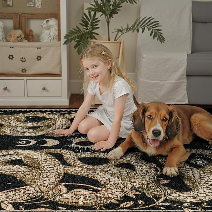 DCX Washable 8x10 Snake Rug, Black Gothic Rug for Living Room, Soft Low Pile Carpet, Kid & Pet Friendly with Rubber Back Non Slip, Stain Resistant Rug for Bedroom Dining Room Office