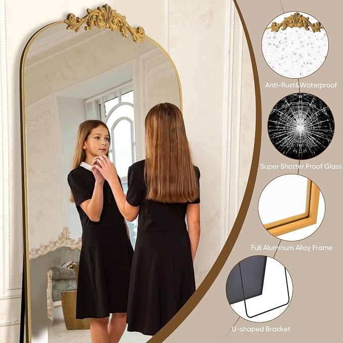 Antok Arched Full Length Mirror, 78"x38" Floor Mirror with Carved, Full Body Mirrors for HomeDecor, Standing/Halling Large Wall Mirror for Bedroom, Living Room, Cloakroom, Gold, Retro Style
