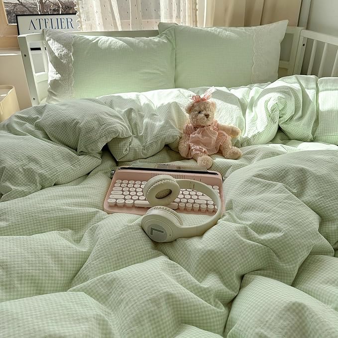 LifeTB Green Gingham Duvet Cover Twin 3 Pieces Romantic Lace Duvet Cover Soft Washed Microfiber Green Grid Plaid Comforter Cover with 2 Pillowcases Farmhouse Checkered Gingham Bedding Set