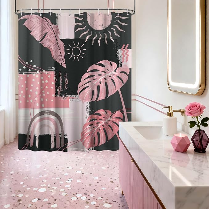 Pink and Gray Mid Century Modern Shower Curtain Bohemian Abstract Light Pink and Grey Shower Curtains for Bathroom Decor Sets, Waterproof Cloth Fabric with Hooks, 72x84 Inch