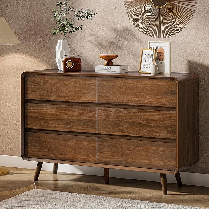 Dresser for Bedroom, 47" Wide Mid Century Modern Chest of Drawers with 6 Storage Drawers, Curved Beveled Design, Dark Wood Dresser TV Stand for Living Room, Closet, Walnut
