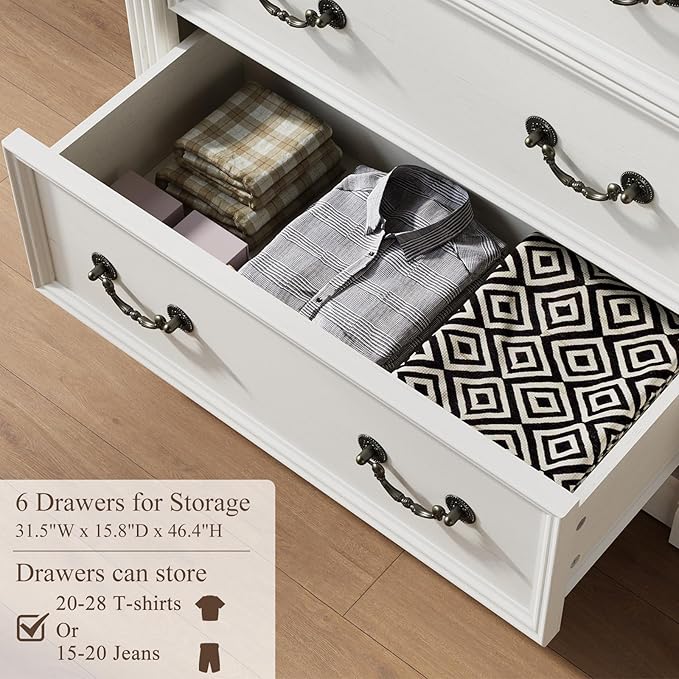 White 6 Drawers Dresser, 47" Tall Dresser for Bedroom, Wood Rustic Tall Chest of Drawers with Chic Wood Pilasters, Farmhouse Dressers Organizer for Bedroom, Hallway