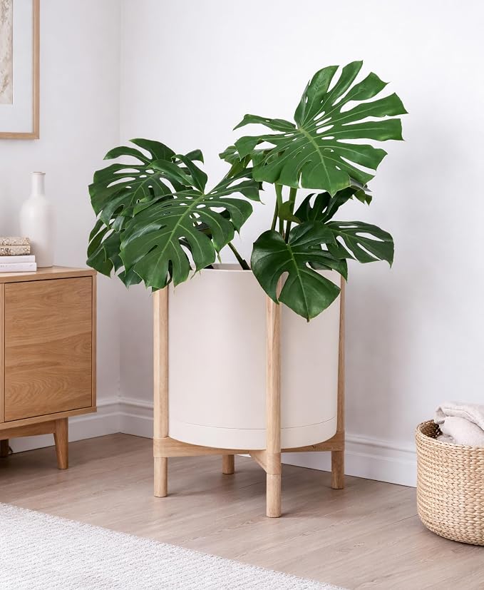 D'vine Dev Planter Pot with Stand - 16 Inch Plastic Cylinder Flower Pot with Wood Planter Holder for Indoor, Oatmeal Pot + Natural Stand, 55-C-Y-4