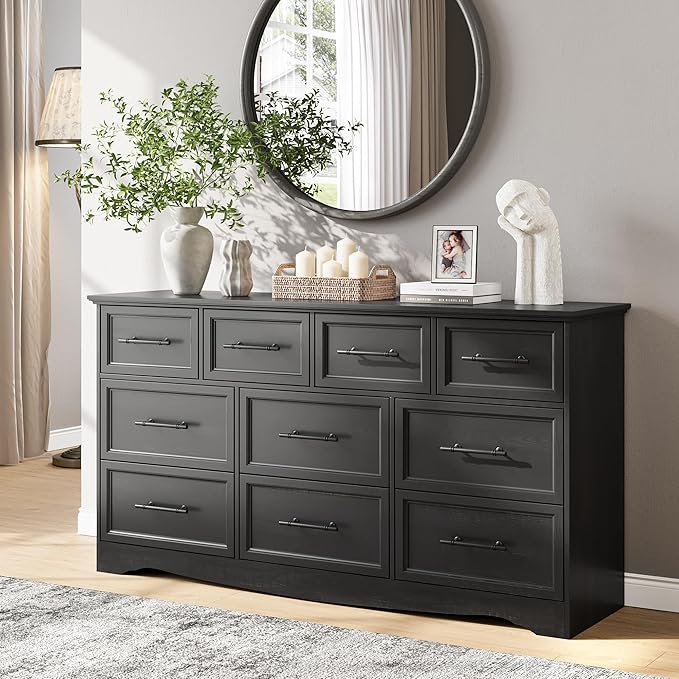 Black Dresser for Bedroom, 10 Drawer Dresser, 59" Wide Chest of Drawers w/Brushed Metal Handle, Wood Dressers TV Stand, Closet Organizers and Storage Cabinet for Bedroom, Living Room, Hallway