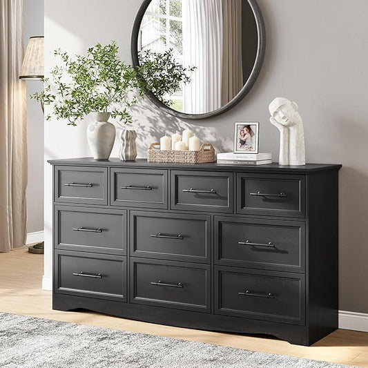 Black Dresser for Bedroom, 10 Drawer Dresser, 59" Wide Chest of Drawers w/Brushed Metal Handle, Wood Dressers TV Stand, Closet Organizers and Storage Cabinet for Bedroom, Living Room, Hallway