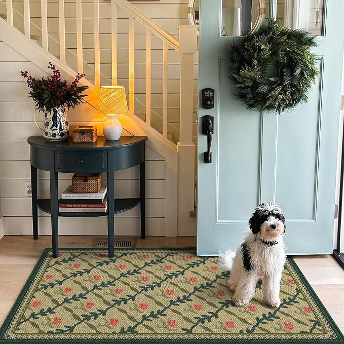 3x5 Entryway Rug - Small Washable Indoor Outdoor Mats for Front Door Non-Slip Porch Rug Jute-Look Boho Floral Throw Rugs for Living Room Bedroom Entryway Kitchen Office Front Porch Decor