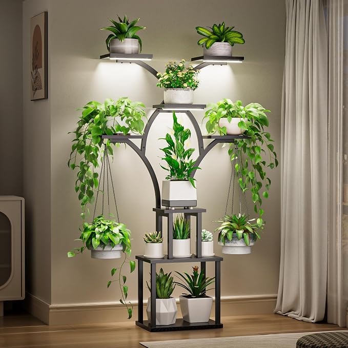 Elbourn 8 Tiered 60" Plant Stand Indoor Shelf with 3 Grow Lights (Black) | Corner Shelf Decor