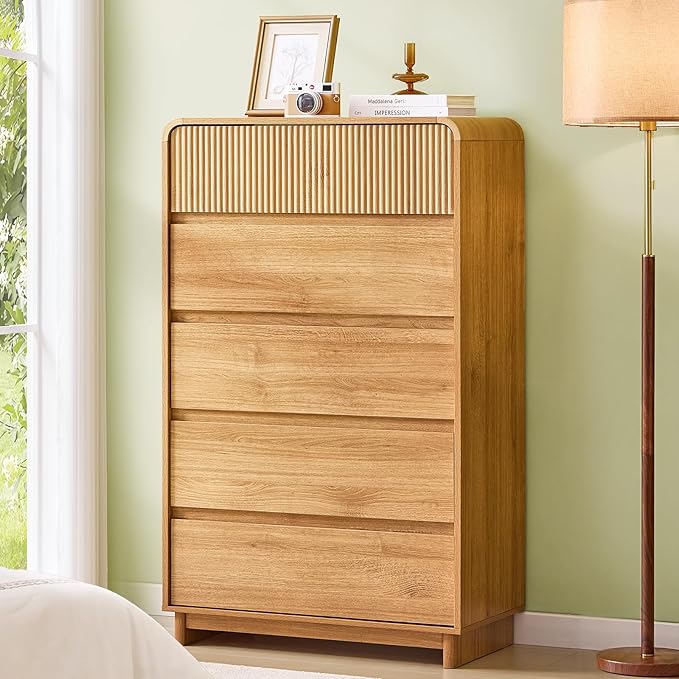 AOGLLATI Mid Century Modern 5 Drawer Dresser for Bedroom, 45" Tall Wood Fluted Dressers & Chests of Drawers with Curved Profile Design for Bedroom, Wood
