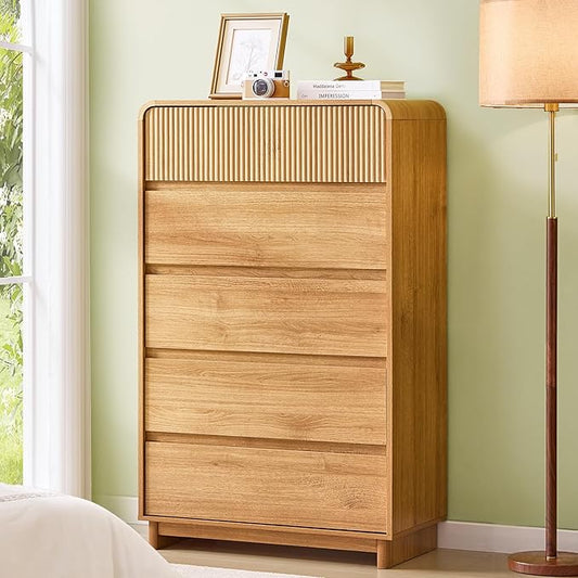AOGLLATI Mid Century Modern 5 Drawer Dresser for Bedroom, 45" Tall Wood Fluted Dressers & Chests of Drawers with Curved Profile Design for Bedroom, Wood