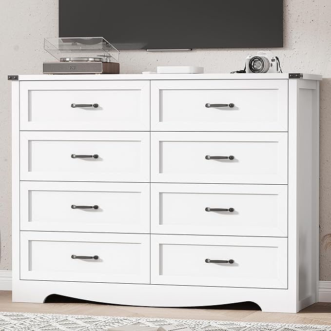Dresser for Bedroom with 8 Drawers, 54" Wide Wood Chest of Drawers with Deep Drawers & Mental Handle, Modern Dresser TV Stand, Wooden Closet Storage Organizer for Living Room, Hallway, Entryway, White