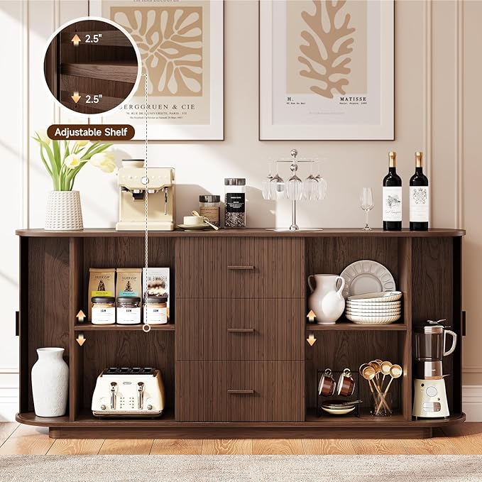 ONBRILL 63" Fluted Sideboard Buffet Cabinet with 3 Drawers & 2 Doors, Mid-Century Modern Buffet Sideboard Cabinet with Storage, Coffee Bar Table with Adjustable Shelf for Kitchen, Living Room, Walnut