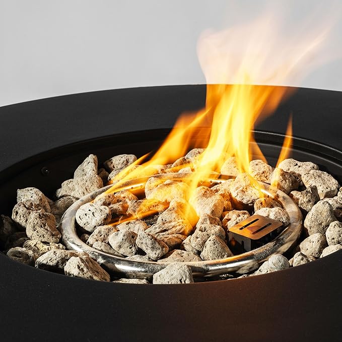 32" Propane Gas Fire Pit Table, 50000 BTU Round Steel Fire Pit with Lid & Glass 2 in 1 Fire Pit Table Rock for Outside Patio Deck Garden Courtyard