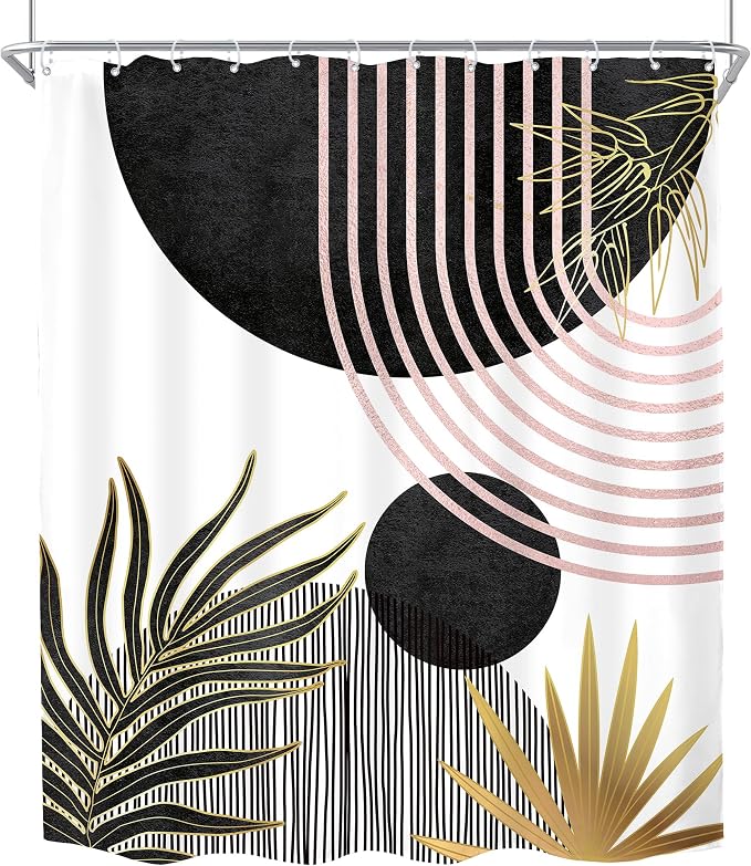 KOMLLEX Mid Century Black Pink Boho Shower Curtain for Bathroom Decor Abstract Modern Sun Minimalist Aesthetic Arch Curve Leaves Geometric Neutral Fabric Waterproof Polyester 12 Pack Hooks 60Wx71L