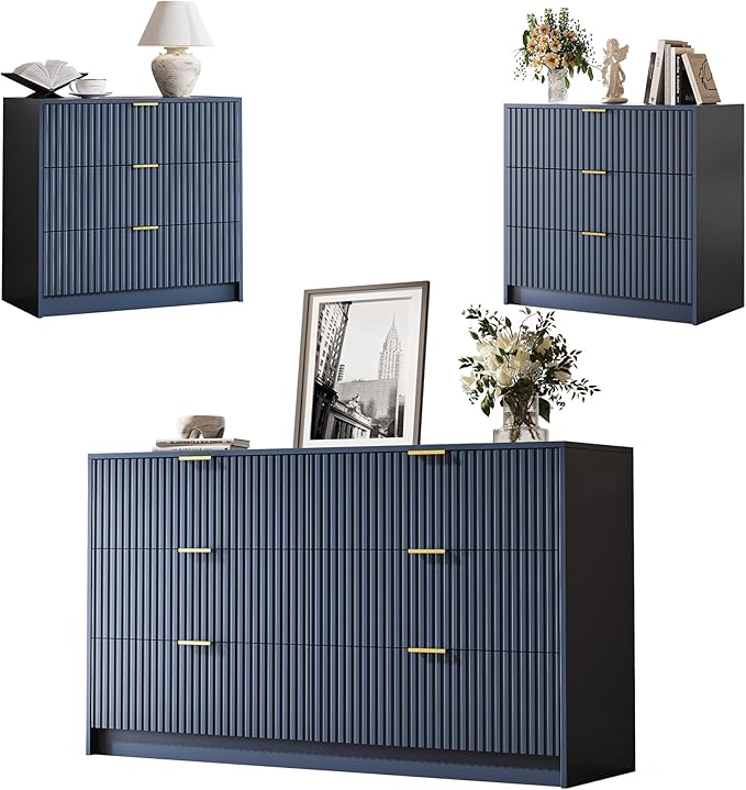 3-Piece Dresser Bedroom Set, 6 Drawer Dresser & 3 Drawer Nightstands with Gold Handles, Fluted Wood Chest of Drawers for Bedroom, Living Room, Entryway, Navy Blue
