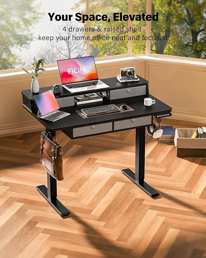 FiCiHi Adjustable Height Standing Desk with 4 Drawers,40 x 24 inches Electric Sit Stand Home Office Desk with Two Tiers, 3 Memory Presets, Monitor Stand Riser, C-Clamp Mount Compatible