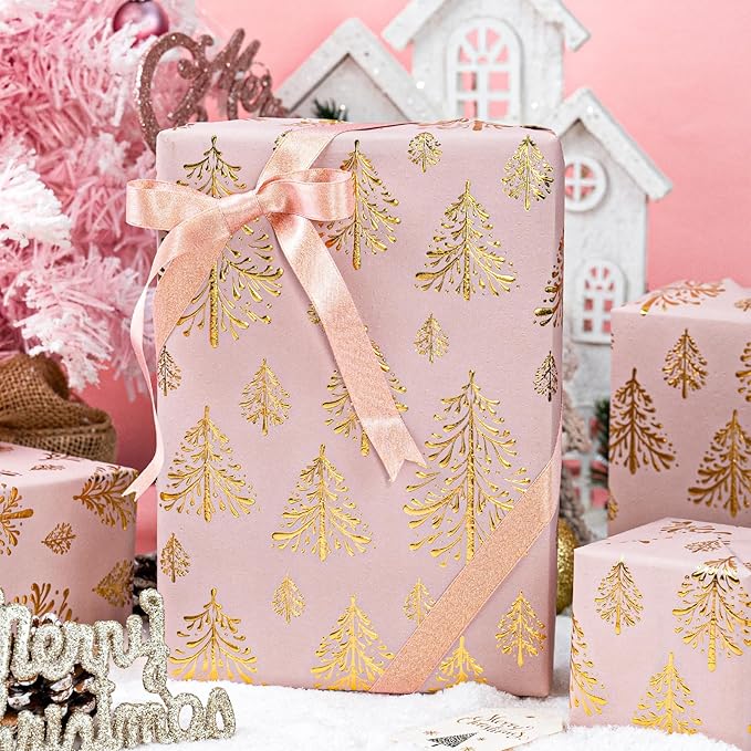Flyhill Kraft Christmas Wrapping Paper-Pink 3D Embossed Gold Foil Christmas Pine Tree with Woodlands for Chrsitmas, Holiday, Party,Celebration (17 Inch X 32.8 Feet)