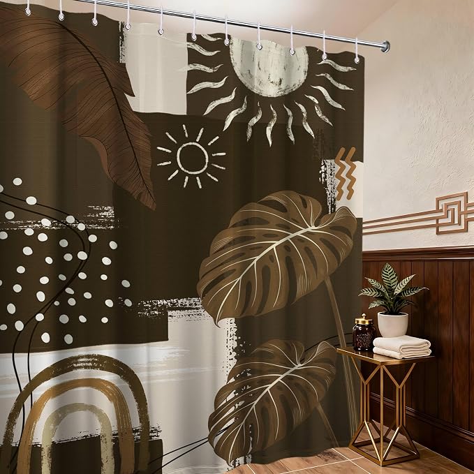 Dark Brown Mid Century Modern Shower Curtain Boho Abstract Khaki Earth Tone Shower Curtains for Bathroom Decor Sets, Waterproof Cloth Fabric with Hooks, 72 x 84 Inch
