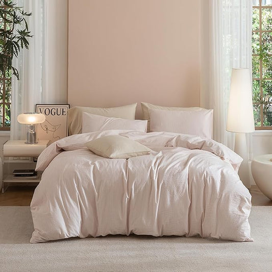 JIYUAN 100% Washed Cotton Striped Duvet Cover Set 3 Pieces Queen, 1 Duvet Cover and 2 Pillowcases(Comforter Not Included),Linen Like Comfy and Breathable,Pinstripes-Heathered Greyish Pink White