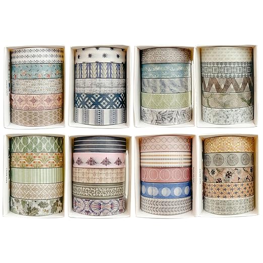 YUBBAEX 40 Rolls Basic Washi Tape Set Cute Printed Patterns Masking Skinny Creative Decorative Tapes for Arts, DIY Crafts, Journals, Planners, Scrapbook, Wrapping (Decorism 1)