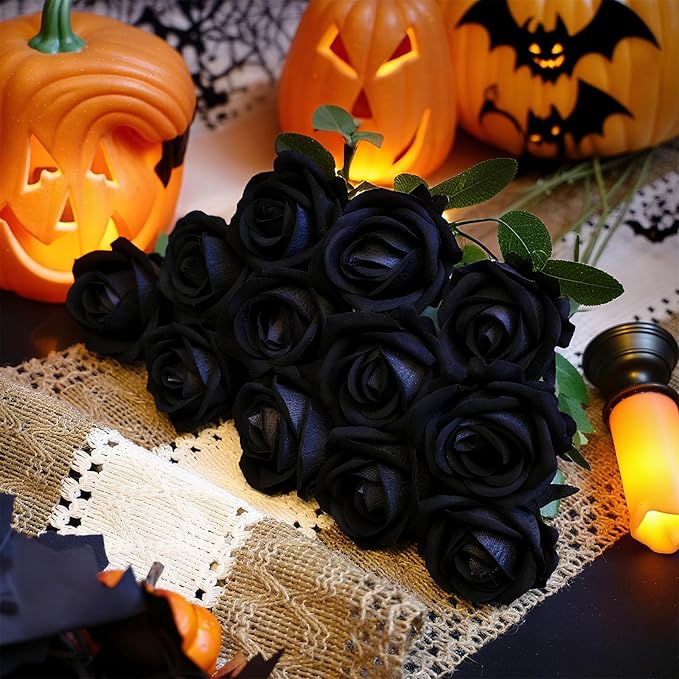 Black Artificial Rose Flowers, 12 Pcs Fake Roses for Halloween Decoration, Silk Roses with Long Stems, Home and Office DIY Decor