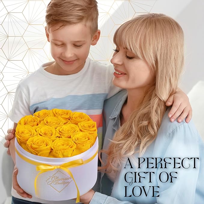 GLAMOUR BOUTIQUE Flower Forever Gift Box 12 Real Preserved Roses in Round Velvet White Box, Handmade, Rose Petals, Birthday, Marriage, Anniversary, Graduation - Yellow