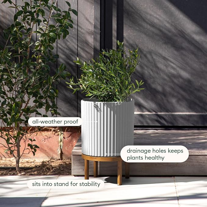 Veradek Demi Series Round Planter w/Stand for Porch/Patio | Durable Plastic-Stone Composite & Wooden Stand | Modern Décor for Tall Plants, Flowers