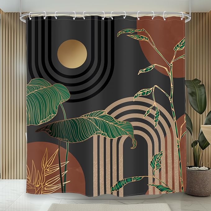Glawry Brown Abstract Shower Curtain Boho Retro Tropical Palm Tree Leaves Bathroom Minimalist Aesthetic Modern 72Wx96L Inches Bath Accessories Art Home Decor Fabric 12 Pack Hook
