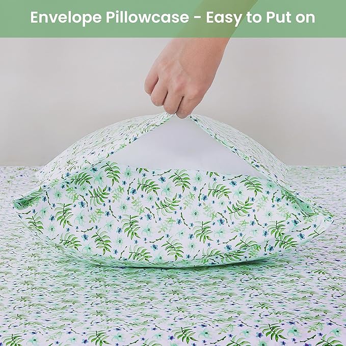 Softan Green Floral Full Sheet Set, Cozy Botanical Microfiber Printed Fitted Bed Sheet with 15" Deep Pockets & Non-Slip Straps, Fresh Greenery Blooms Patterned Sheets & Pillowcase Set