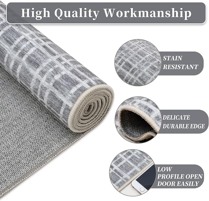 Washable Area Rug 9x12 Rug for Living Room Modern Geometric Large Area Rug for Bedroom Decor Plaid Grid Rug Non Slip Throw Rugs Low Pile Stain Resistant Carpet for Dining Room 9'x12' Grey