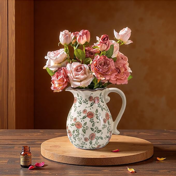 Green and Beige Vintage Vase with Handle,Red Rose Chinoiserie Vase,Farmhouse Antique Decorative Ceramic Vases for Home Decor,Bookshelf, Dining Table, Coffee Table,Mantel, Tuscan Decor (H8.05 Inch)