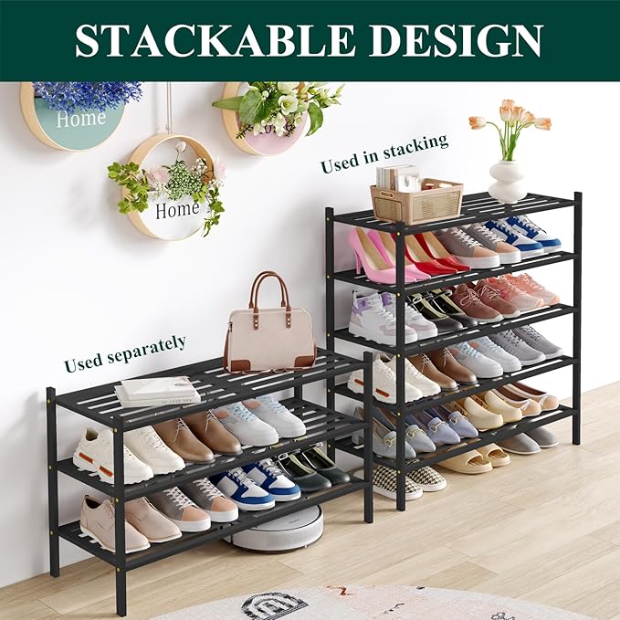 Smiry Long Bamboo Shoe Rack 4-Tier, Stackable Wooden Shoe Organizer for Entryway & Closet, Free Standing Wood Shoe Storage Shelf for Front Door & Small Spaces, Black