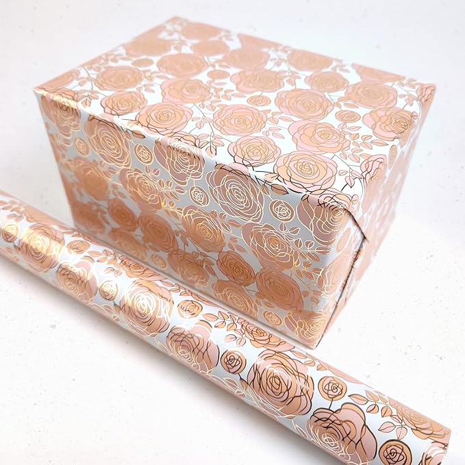 LDGOOAEL Mini Short Small Wrapping Paper Roll (17 Inches X 32.8 Feet) - Pink Rose with Metallic Foil for Holiday, Mothers Day, Birthday, Wedding, Baby Shower