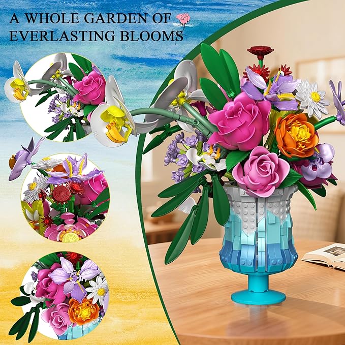 Flower Building Set with Vase, Artificial Botanical Flower Set for Adults Women, Home Décor Display, Romantic Gift for Christmas, Valentine’s Day, Compatible with Lego Flower, 956 PCS