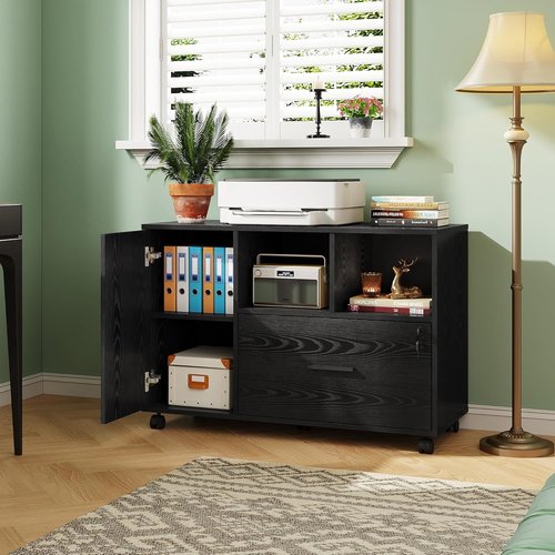 DEVAISE Office File Cabinet - Lockable 1-Drawer Lateral Filing Cabinet on Wheels | Black with Open Storage Shelves