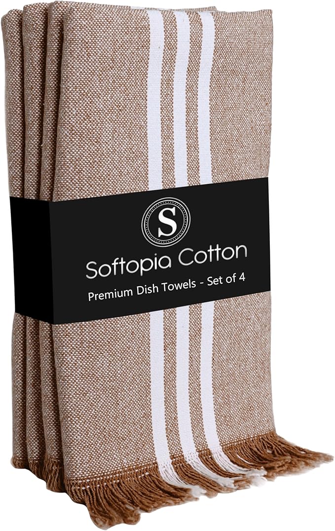 Prewashed Striped Dish Towels 4 Pack, 16x26 Inches, Quick Dry Towels for Kitchen, Durable, Reusable and Absorbent Wash Cloths Set, Washable Fabric, Heavy Duty for Daily Use - Brown