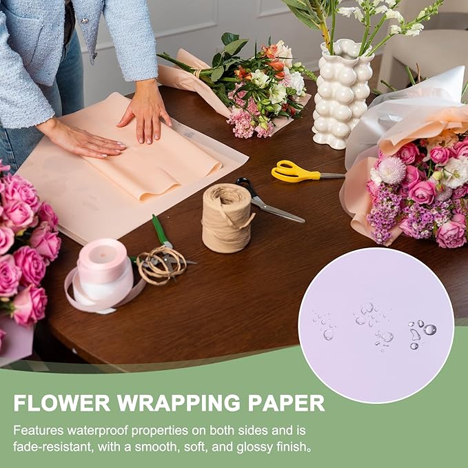 PATIKIL Flower Gift Wrapping Paper, 20 Sheets Gold Edge Waterproof Bouquet Paper Wrap Florist Supplies Packaging Floral Papers for Wedding DIY Craft Valentine Mother's Day, Light Purple