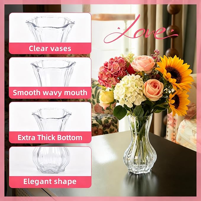 Vases for Flowers,Set of 2 Glass Vase,Clear Vase,8 inches Tall Ribbed Vases for Modern Boho Home Decor,Living Room,Wedding,Table Centerpieces