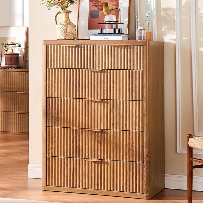 LEYAOYAO Fluted 6 Drawers Dresser for Bedroom Set of 2, 42" Tall Modern Chest of Drawers with Metal Handle, Curved Profile Design,Brown Wood Drawer Organizer for Bedroom, Living Room, Hallway