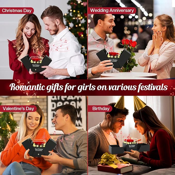 Christmas Birthday Gifts for Women - Preserved Real Rose with I Love You Heart 100-Language Necklace, LED Lights & Music Gift Box, Christmas for Women Girlfriend Mom