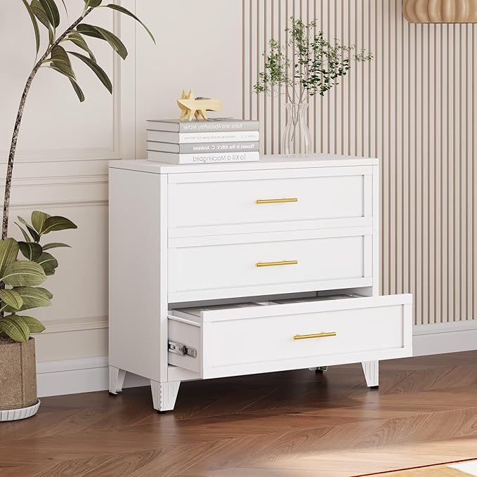 34.25" Tall Metal Dresser for Bedroom, 3 Drawer White File Cabinet with Gold Handles, Dressers Chests with Fluted Panel, Vertical Drawer Storage Cabinet for Living Room, Entryway, Hallway