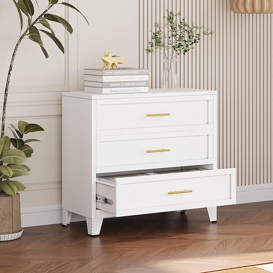 34.25" Tall Metal Dresser for Bedroom, 3 Drawer White File Cabinet with Gold Handles, Dressers Chests with Fluted Panel, Vertical Drawer Storage Cabinet for Living Room, Entryway, Hallway