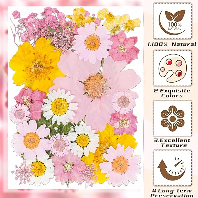 30Pcs Dried Pressed Flowers Bulk Dried Flowers for Crafts, Dry Flowers for Resin Molds DIY Scrapbooking Candle Jewellery Making (Pink)