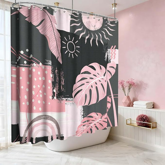Extra Long Shower Curtain Extra Tall Pink and Gray XL Abstract Grey Bohemian Shower Curtains for Large Bathroom Decor Sets, Waterproof Cloth Fabric with Hooks, 108x72 Inch